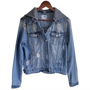 Cisono Hooded Distressed Denim Jean Jacket Blue Womens Medium Classic Casual